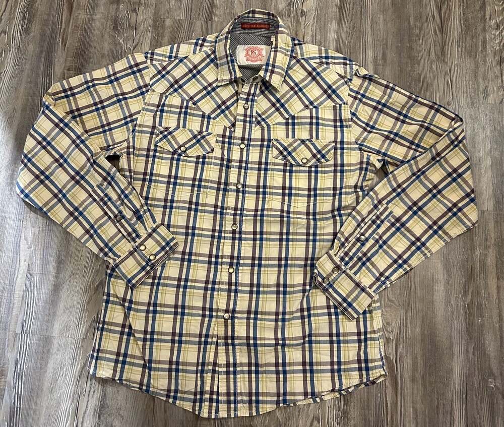 Christian Audigier Men's Plaid Western Snap Button Shirt Size M